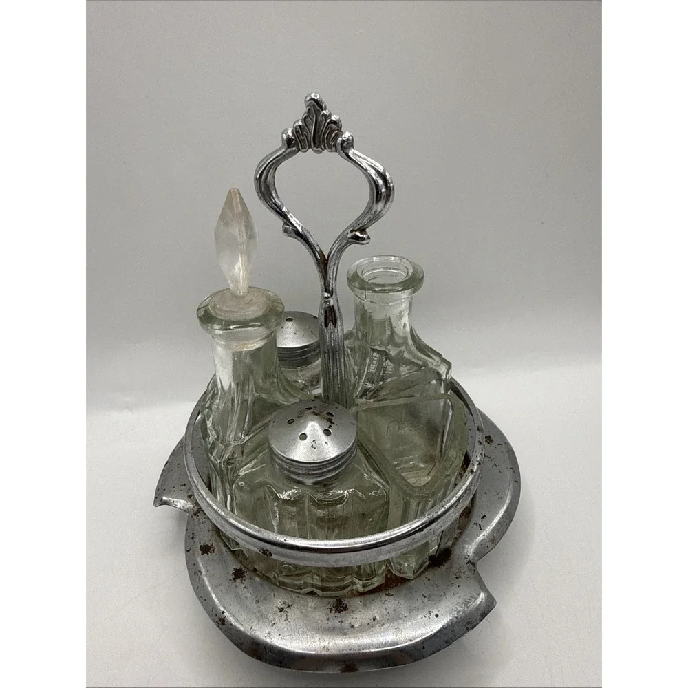 Vintage Cruet Condiment Metal & Glass Set Salt/Pepper, Oil, Sugar With Stand